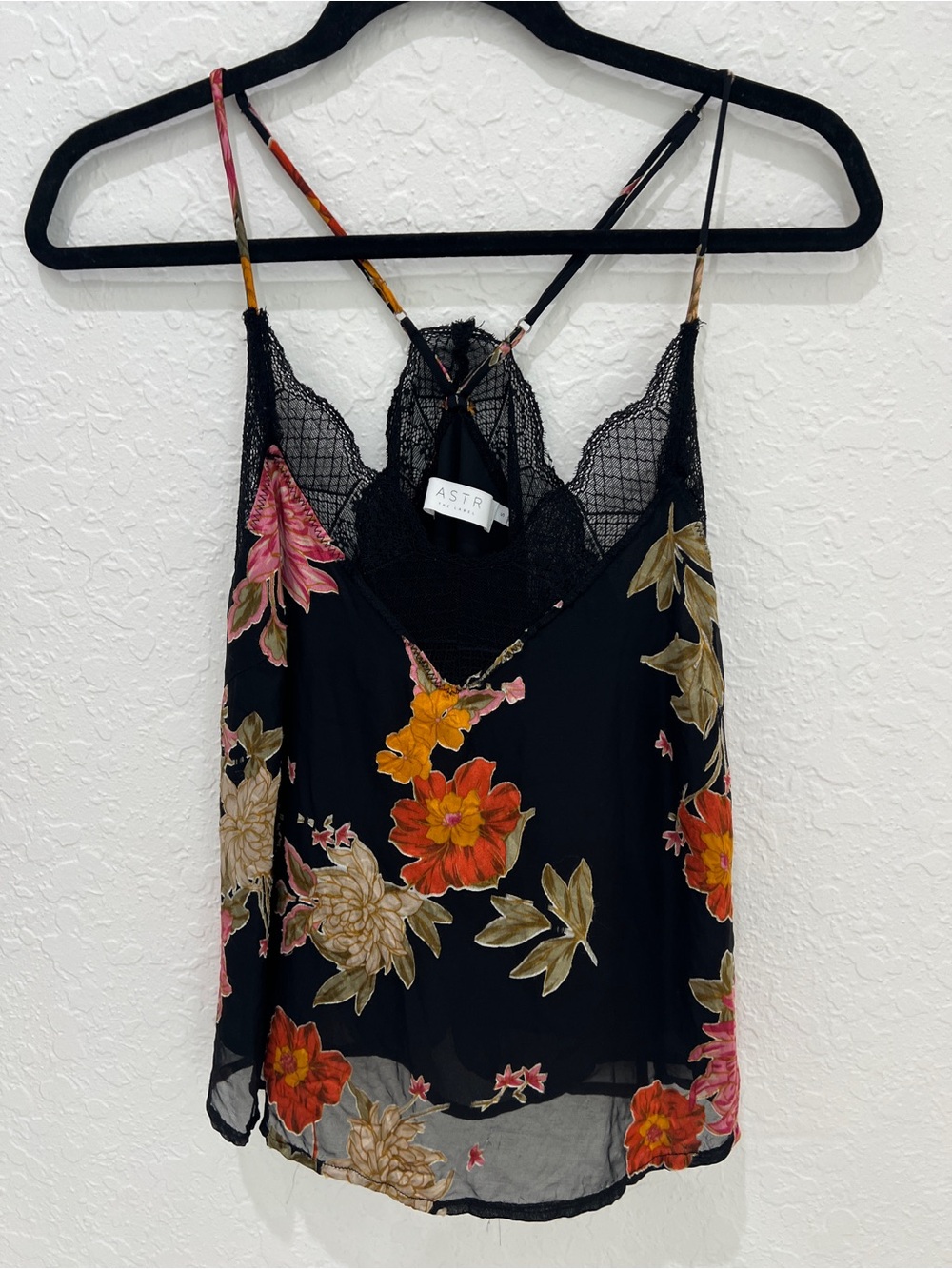 ASTR Black Floral Lace-Trim Camisole with Orange & Pink Blooms
